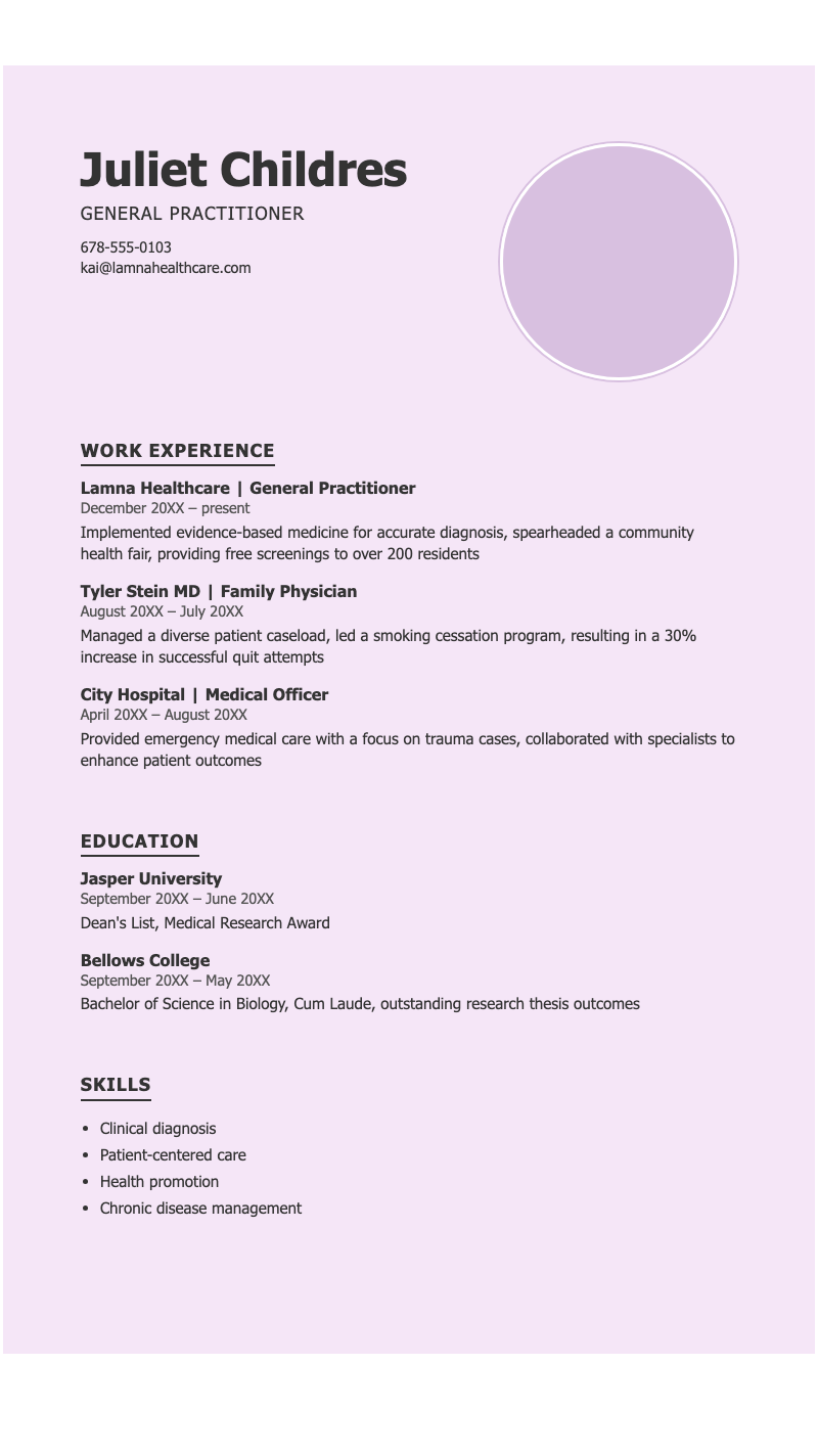 Simple healthcare resume - Medical professional resume featuring sections for work history, education, and clinical skills with a circular photo layout.